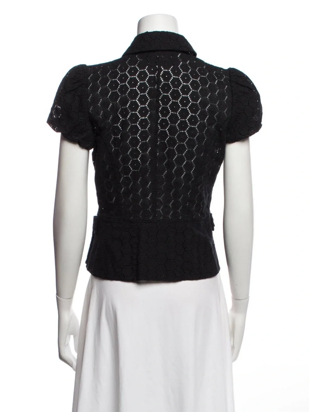 Blumarine Black Short-Sleeve Cropped Lace Blouse with Bow Collar